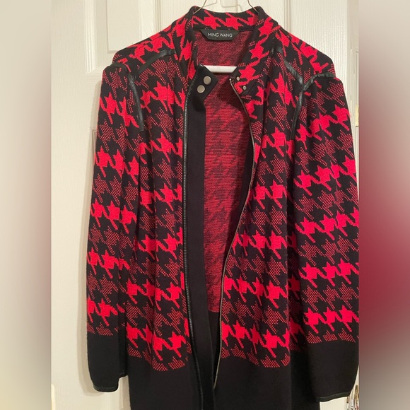 Ming Wang red and black checked jacket. Leather trim. - Picture 2 of 3